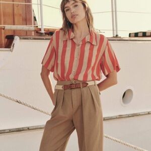 The Great. The Bowling Button Down Shirt Blouse In Sunset Stripe Orange Size 3 L